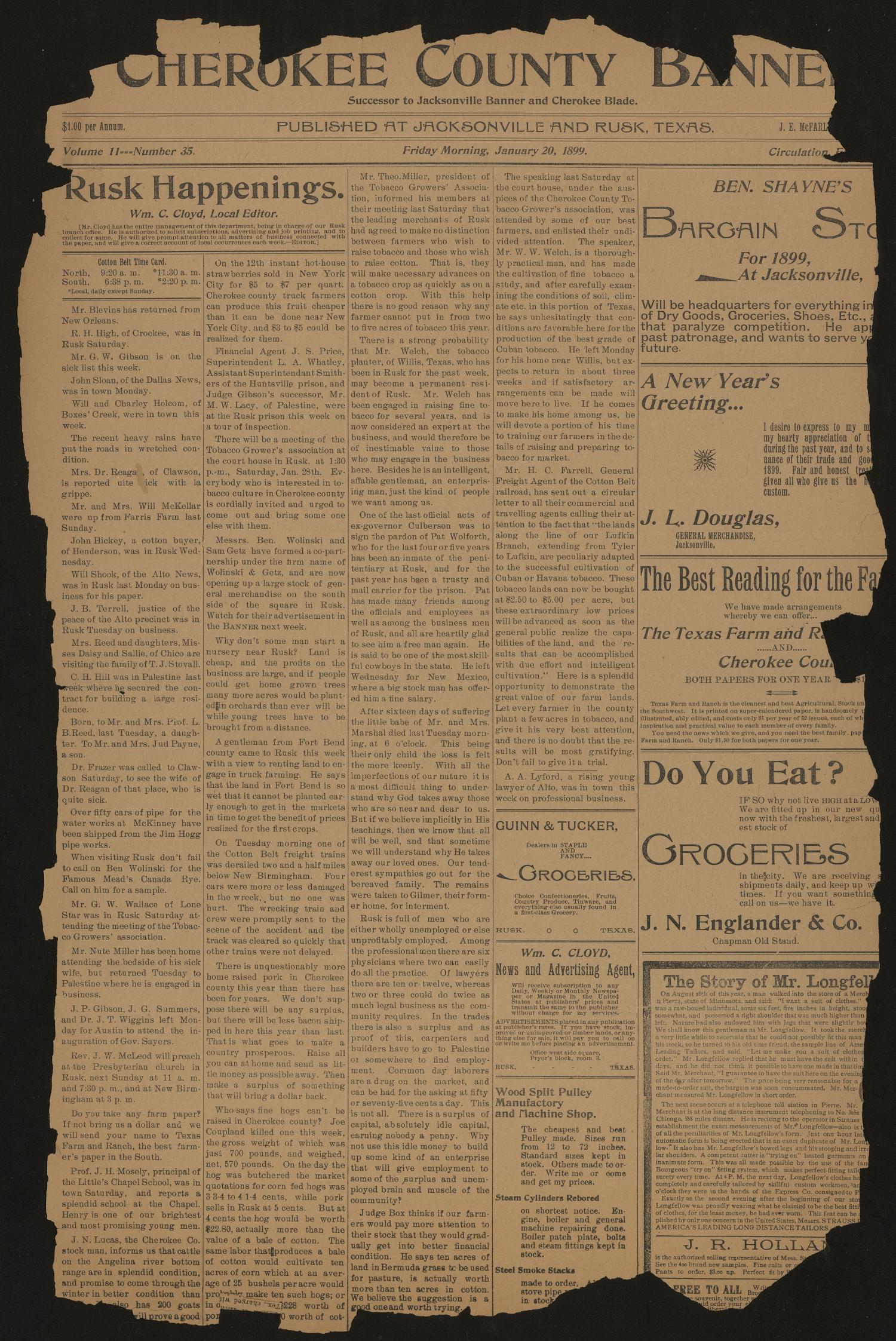Front page of the Cherokee County Banner newspaper published in Jacksonville and Rusk, Texas, on January 20, 1899