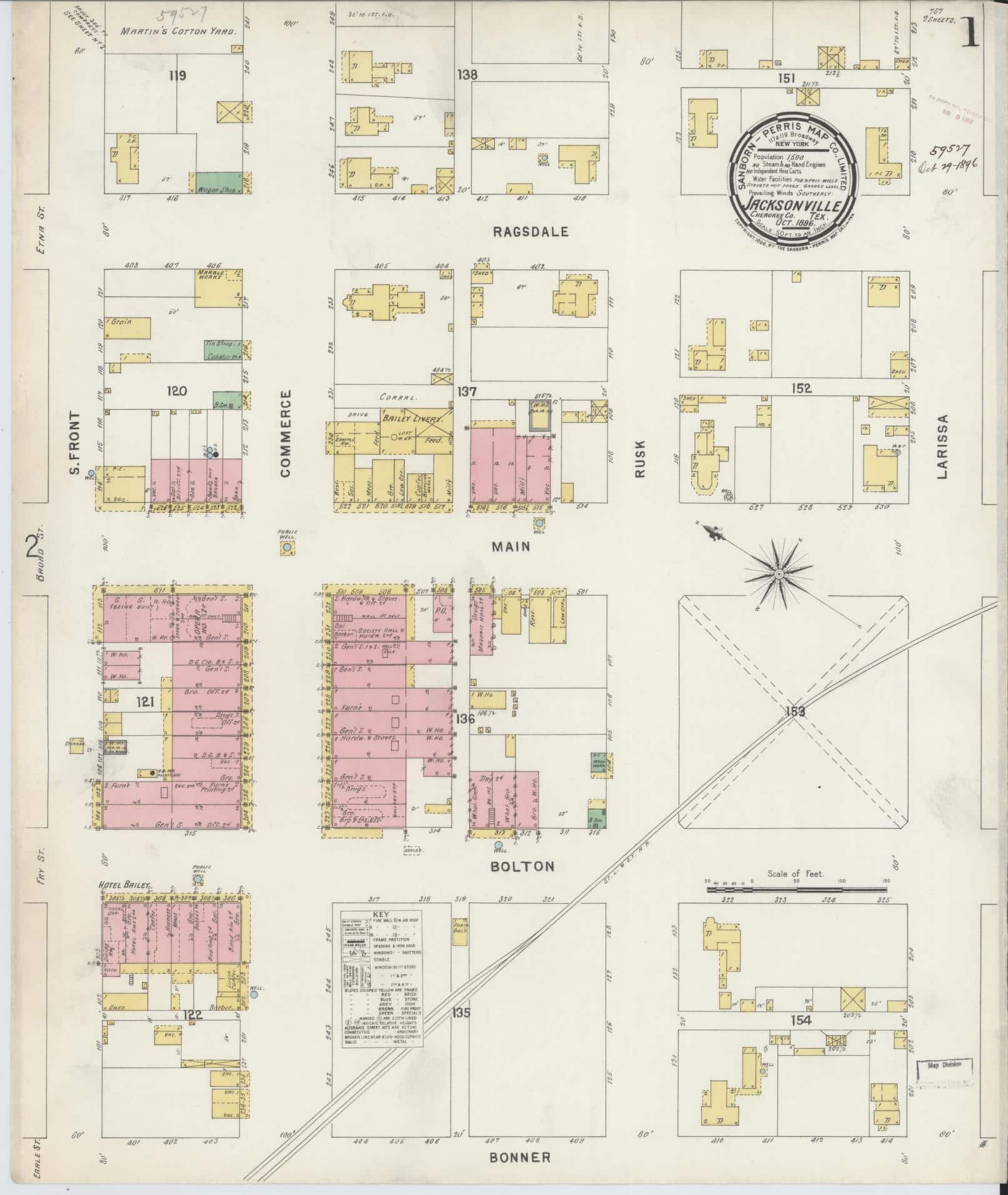 1896 Sanborn fire insurance map showing streets, buildings, and railroad lines in Jacksonville, Texas